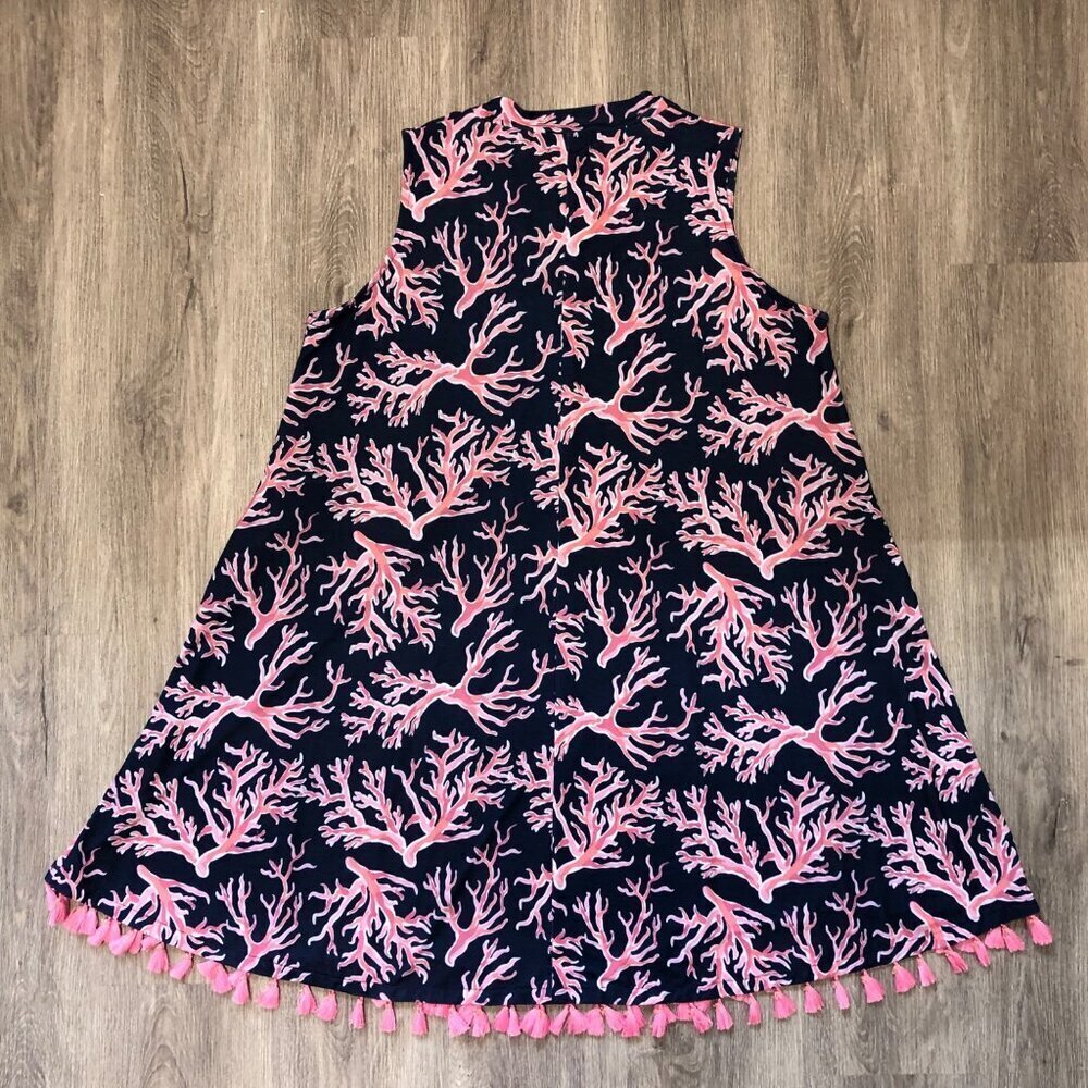 Simply Southern Women's Size XL Shift Dress Navy Blue Pink Coral Floral Fringe - Picture 2 of 10
